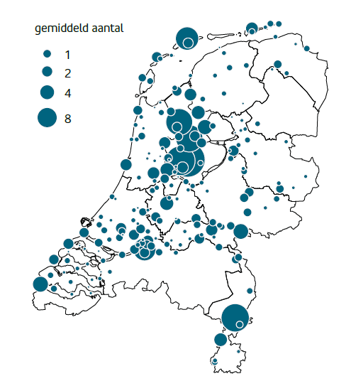 Figuur 1. Verspreiding van Pontische Meeuwen tijdens de watervogeltellingen in de periode 2019-2023 (gemiddeld aantal niet-broedvogels).
