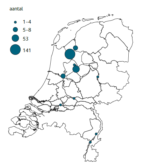 Figuur 2. Verspreiding en grootte van de broedkolonies van de Pontische Meeuw in 2024.